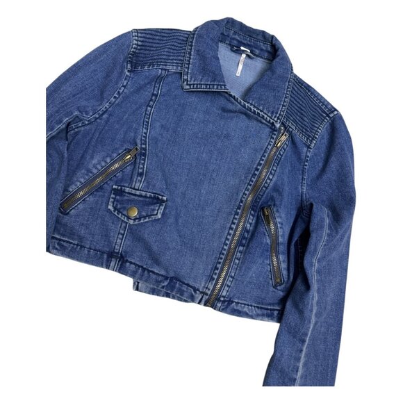 FREE PEOPLE Designer CROPPED Denim Blue Jean Jacket Womens Small - Picture 3 of 5
